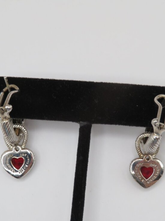 Judith Ripka Sterling Silver 925 Red CZ Heart Charm Hoop Earrings - Picture 7 of 9